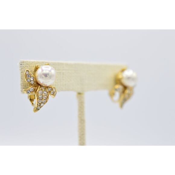 Atwood & Sawyer Vintage Clip Earrings Pearl Flower Crystal Gold A&S Signed BinZ - Picture 4 of 10